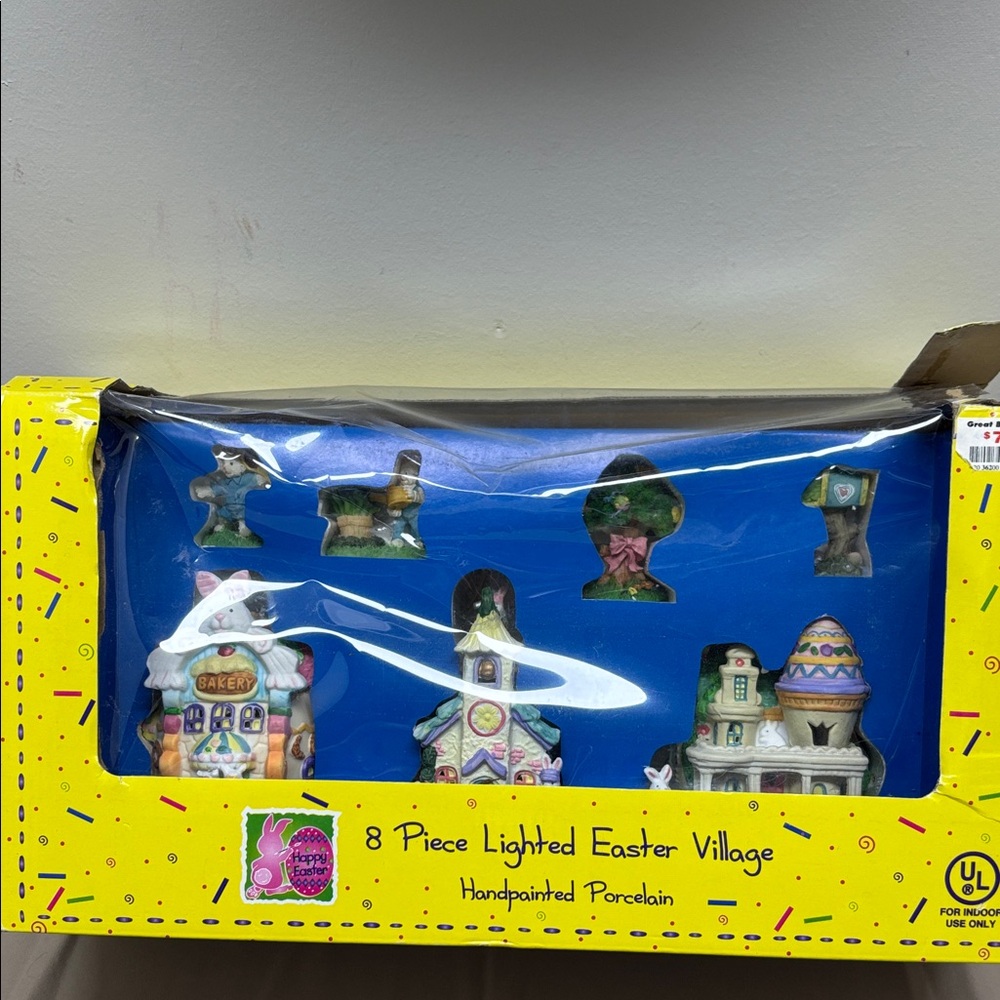 Happy Easter 8 Piece Lighted Easter Village Handpainted Porcelain NEW  open box